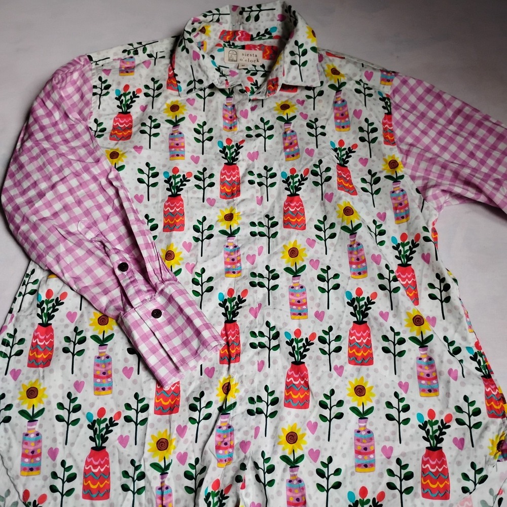 Siesta O Clock Shirt Medium Button Down Gingham Floral Beach Lagenlook Capsule‎